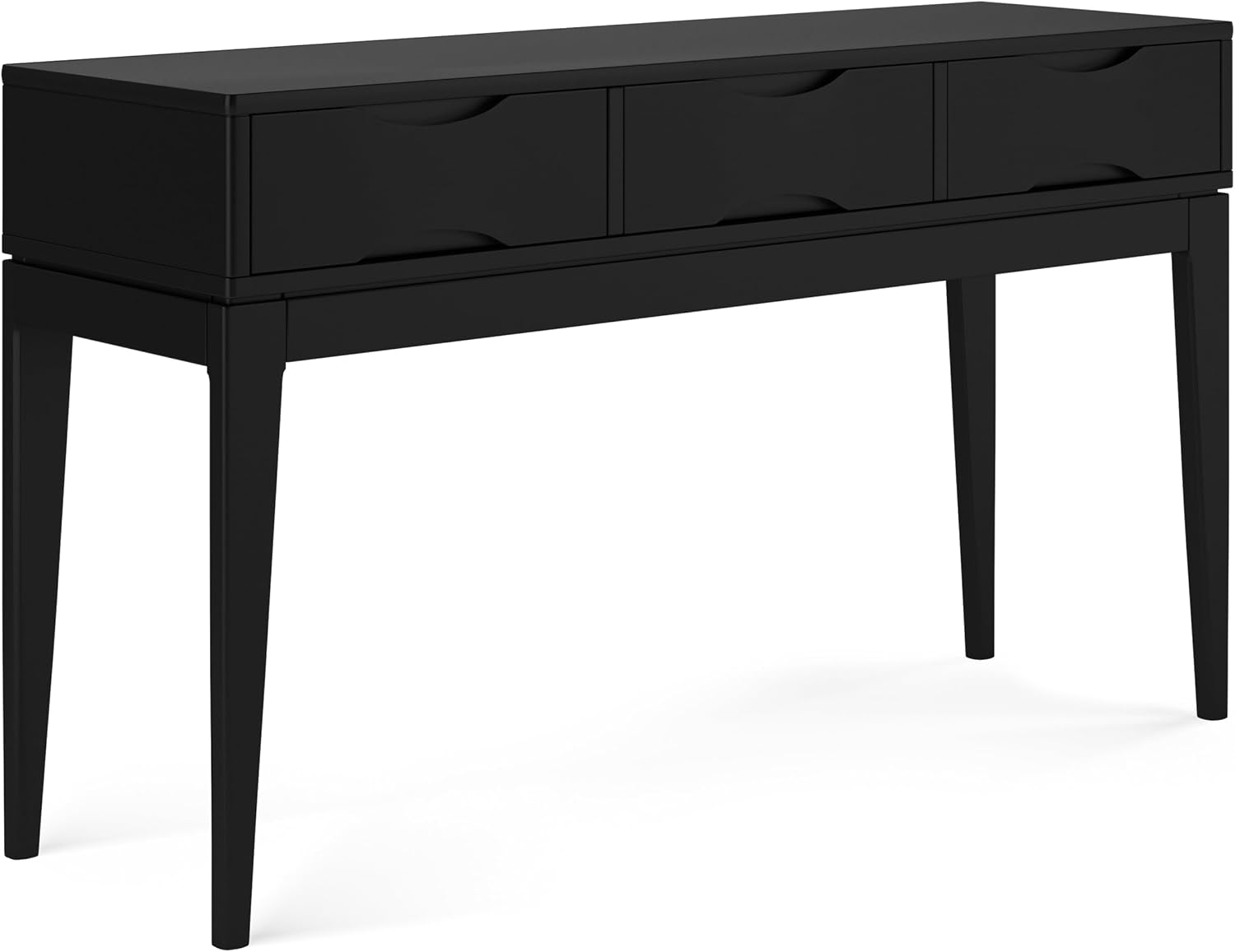 SIMPLIHOME Harper Console Table - 54 Inch Wide Solid Hardwood Sofa Table in Black, Mid-Century Modern Storage Table for Entryway or Living Room with 3 Drawers, Notched Handles, and Tapered Legs