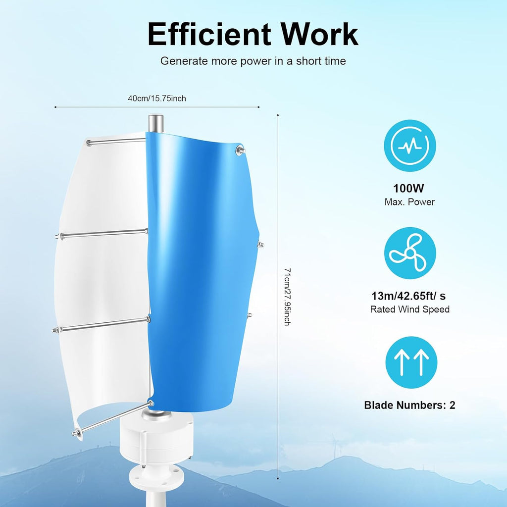 500W Wind Turbine, 12V Vertical Axis Wind Driven Generator with 2 Blades and Permanent Magnet Generator for Boats, Terrace, Marine, Motor Home, Chalet (100W, Blue+White)