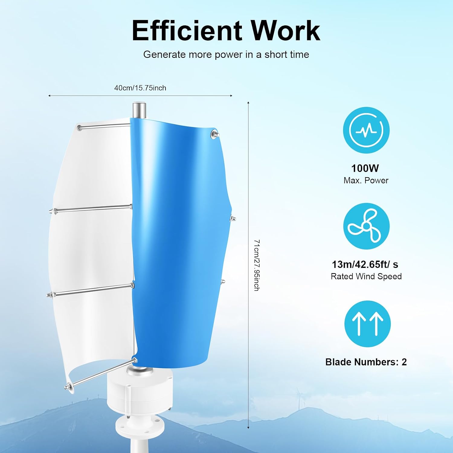 500W Wind Turbine, 12V Vertical Axis Wind Driven Generator with 2 Blades and Permanent Magnet Generator for Boats, Terrace, Marine, Motor Home, Chalet (100W, Blue+White)
