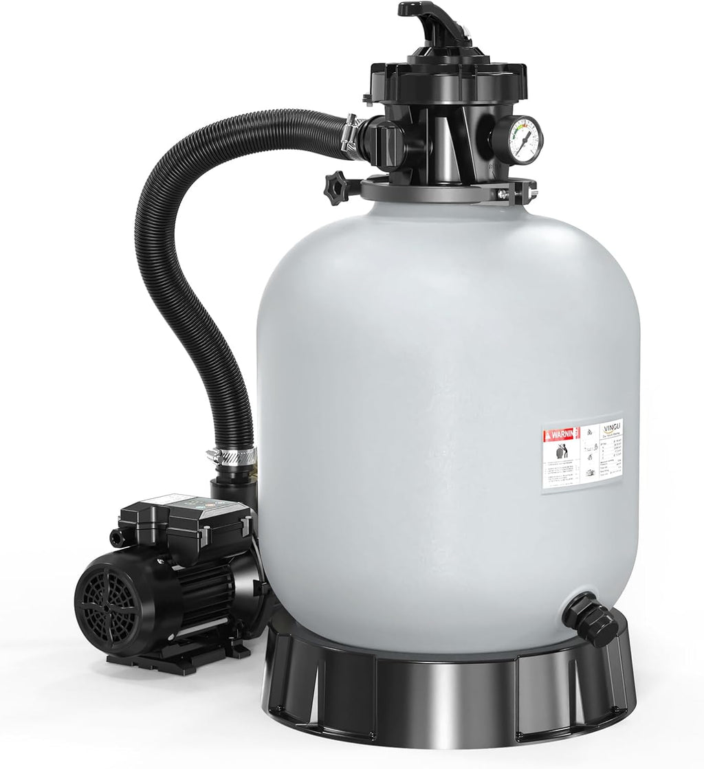 (24H Timer) VINGLI 16 in Sand Filter Pump with 24-Hour Timer, 3435 GPH 3/4 HP High Flow Pool Filter Pump with 7-Way Valve for Above Ground Swimming Pools Up to 15000 Gallons