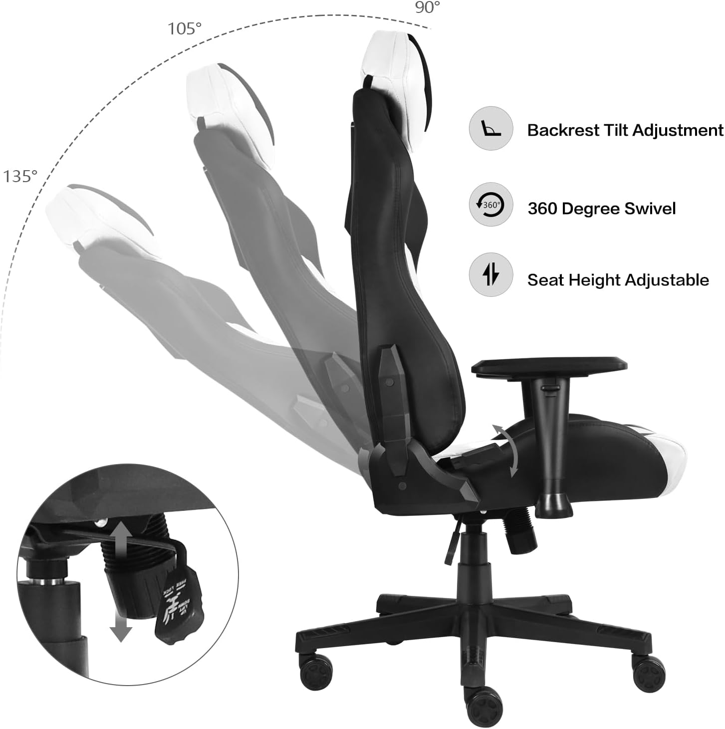 Modern-Depo Ergonomic Gaming Chairs for Adults with High-Density Memory Foam | Swivel Comfortable Office Chair, Big and Tall Video Game Chair, High Back Computer Chair for Home, Office, White Black