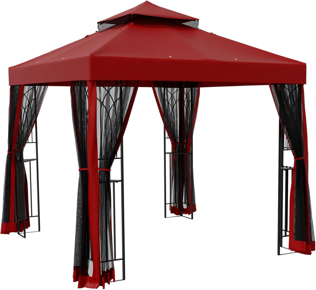 8x8 Outdoor Gazebo Tent with Netting and Corner Shelves, Double Roof Patio Gazebo with Soft Fabric Top, Outdoor Pavilion for Backyard Patio Garden Lawn, Red