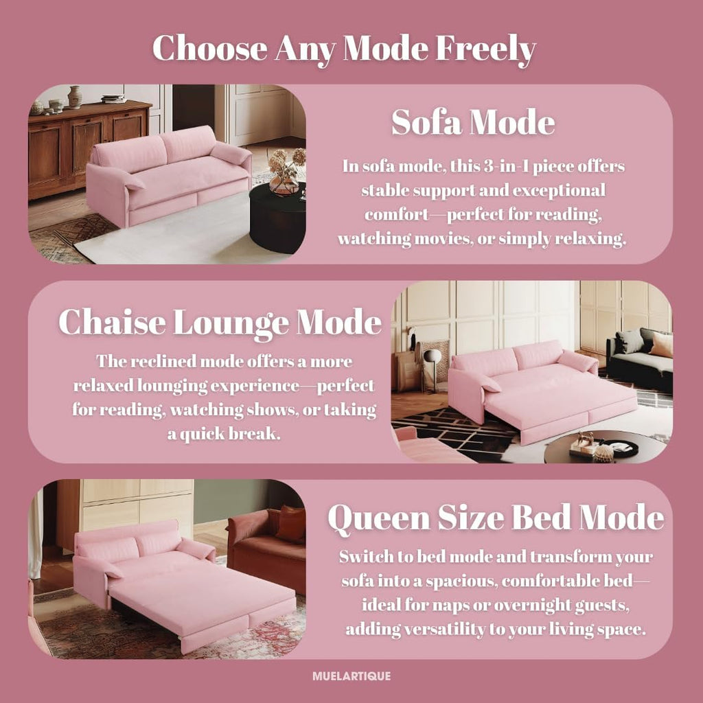 66' Convertible Pull-Out Couch Bed, Velvet 3-in-1 Queen-Size Sleeper Sofa with Storage Side Pockets, Sleeper Loveseat for Apartments, Living Rooms, Offices, RV