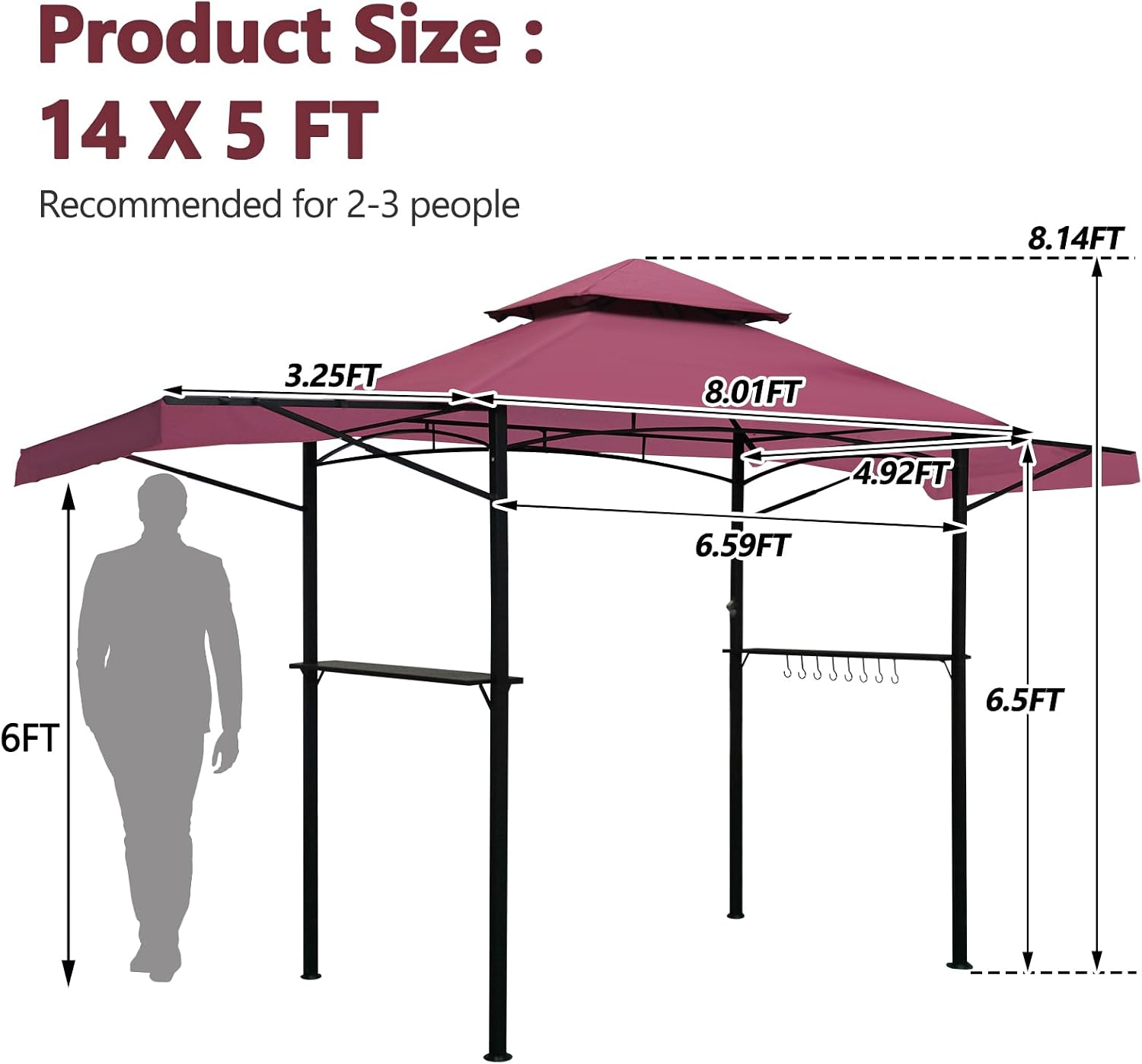 14 x 5 Grill Gazebo, Outdoor BBQ Grill Patio Canopy with 2 Handy Shelves & Extra Awning LED Lights, Double Roof Barbecue Gazebo Canopy (Red)