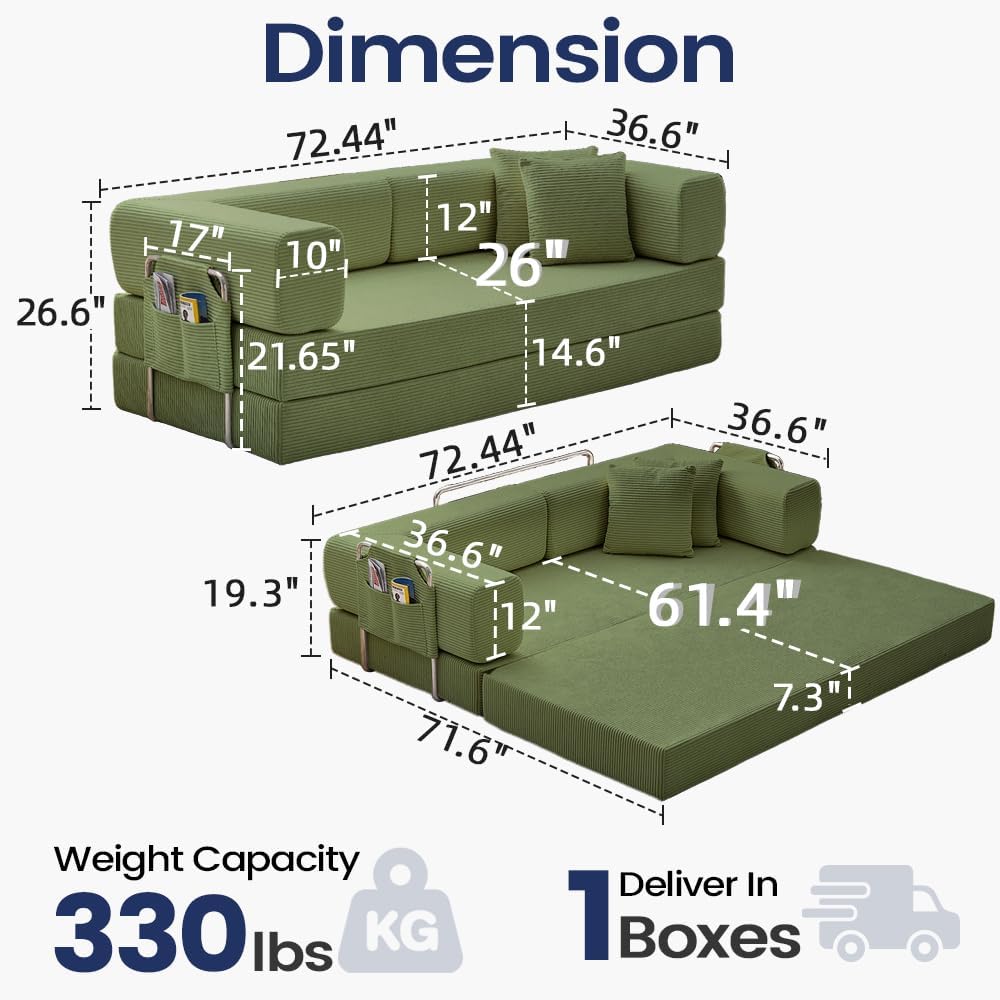 GEARIVY Folding Sofa Bed Convertable Corduroy Couch King Size Floor Sleeper 4-in-1 DIY Combination Modular Sofa Fold Out Futon Lounge Comfy Foldable Lazy cama for Living Room (Green, 70.86')