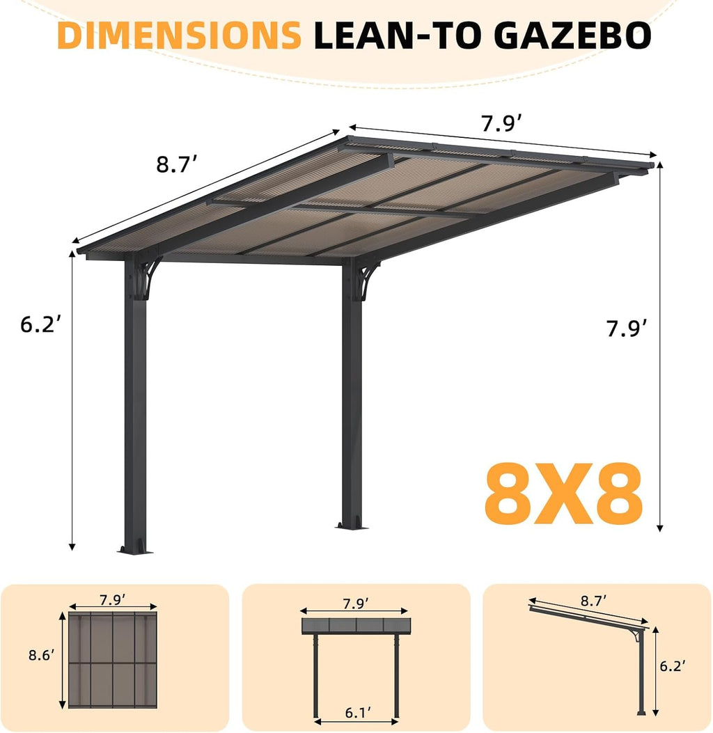 AECOJOY 8' x 8' Gazebo for Patio, Small Free Standing Lean to Gazebo Pergola with Patio Roof (64 Sq.Ft Shaded) on Clearance, Hard Top Wall Mounted Heavy Duty Awnings for Decks, Backyard and More