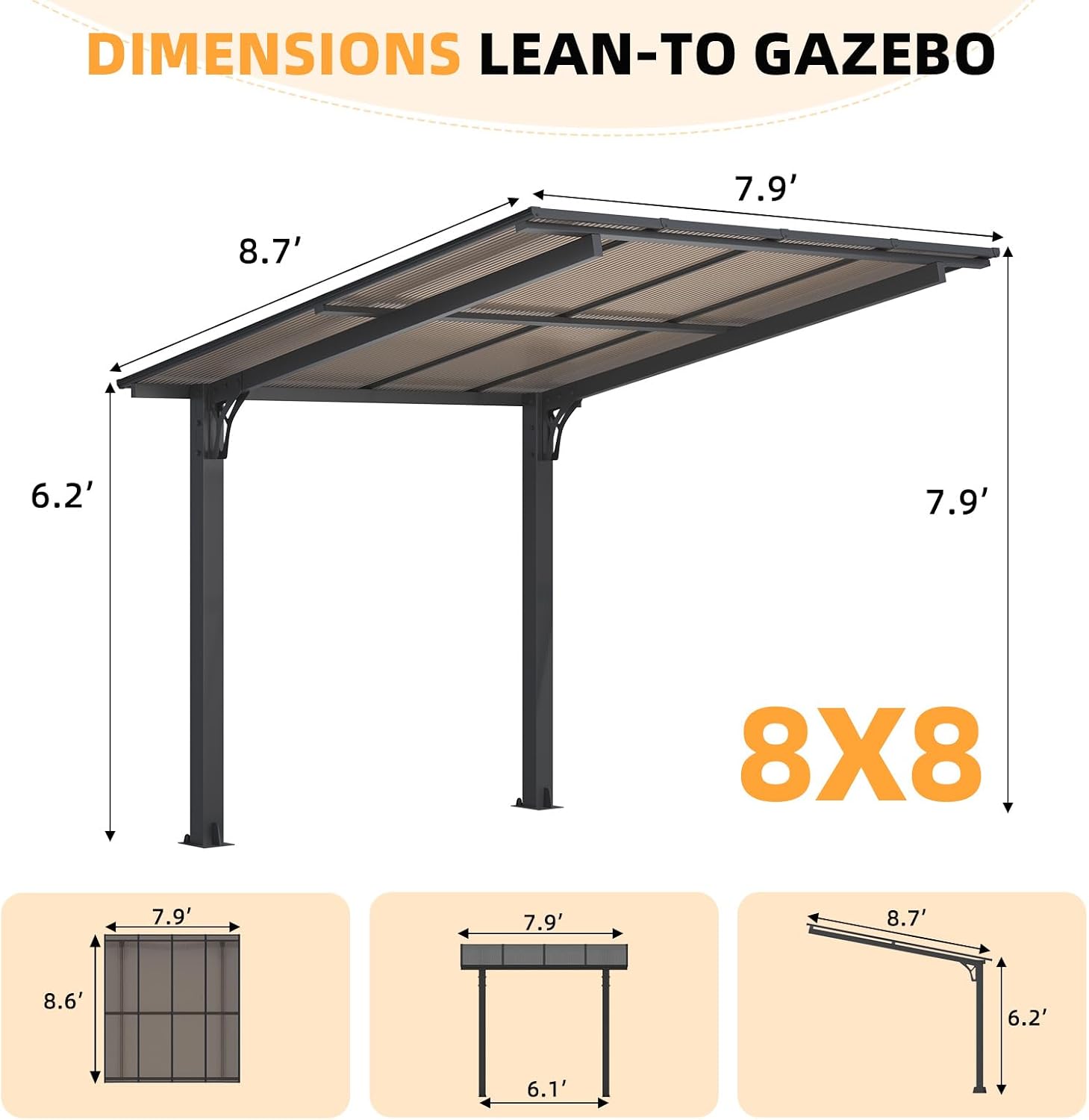 AECOJOY 8' x 8' Gazebo for Patio, Small Free Standing Lean to Gazebo Pergola with Patio Roof (64 Sq.Ft Shaded) on Clearance, Hard Top Wall Mounted Heavy Duty Awnings for Decks, Backyard and More