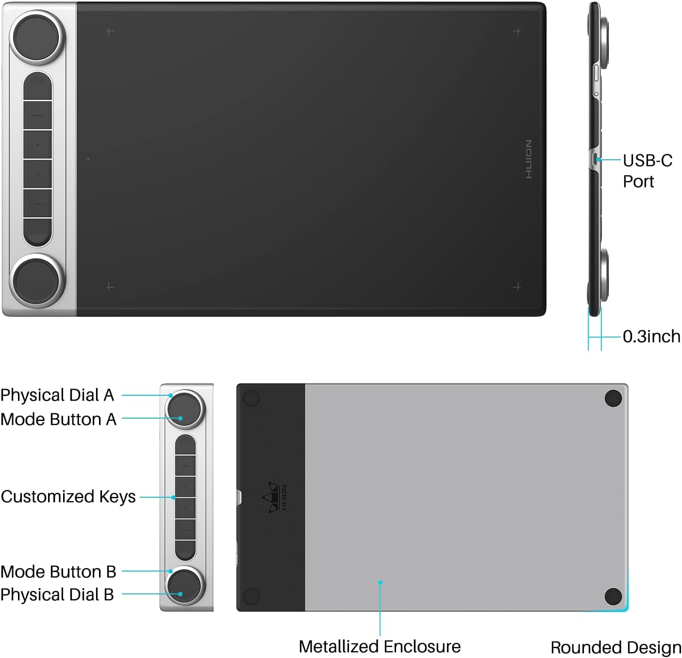 HUION Inspiroy Dial 2 Bluetooth Wireless Graphics Drawing Tablet with Dual Dials Bundle with Sketelon Glove for Digital Art, Animation and Graphics Design