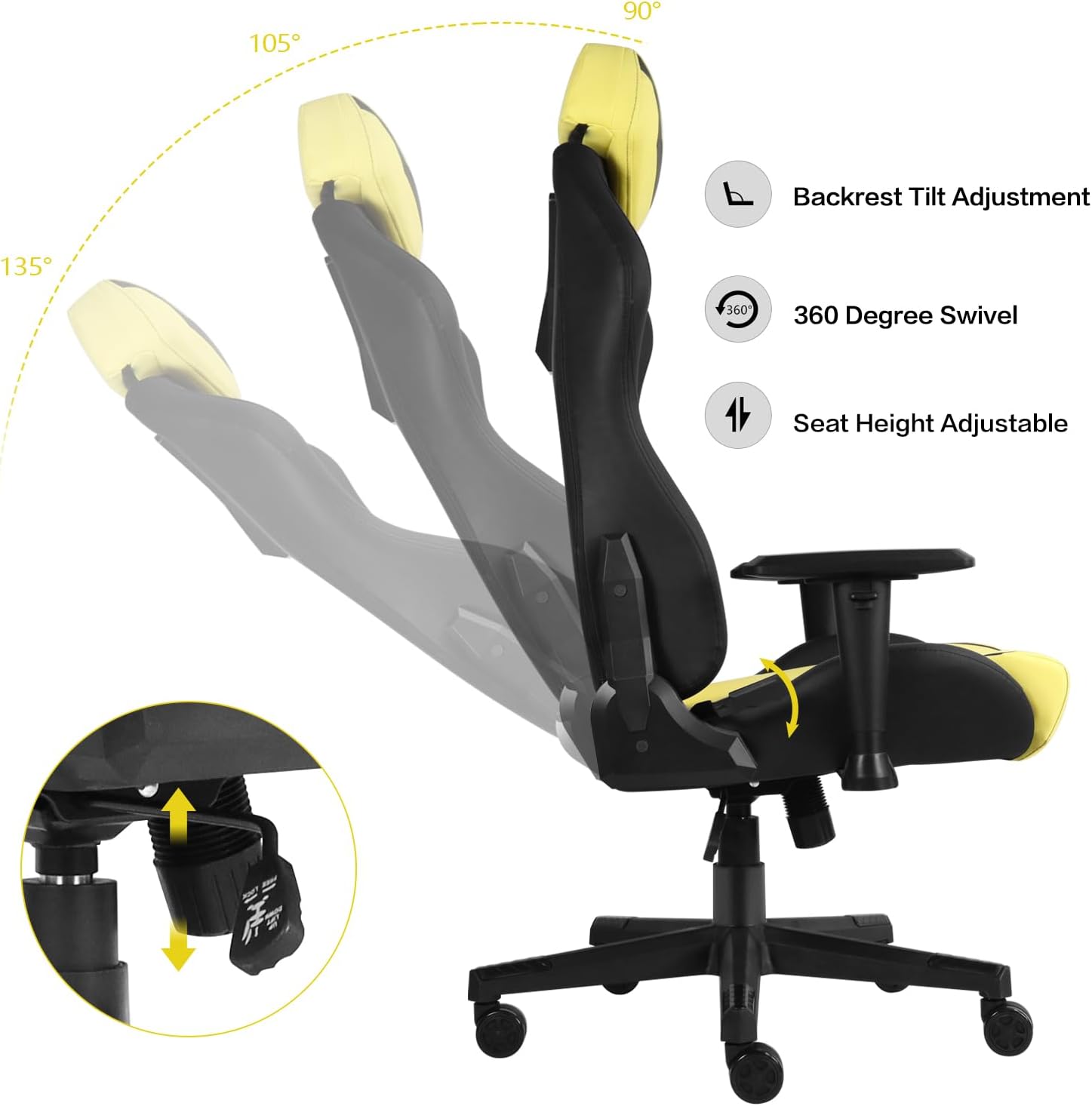 Modern-Depo Ergonomic Gaming Chairs for Adults with High-Density Memory Foam | Swivel Comfortable Office Chair, Big and Tall Video Game Chair, High Back Computer Chair for Home, Office, Yellow Black