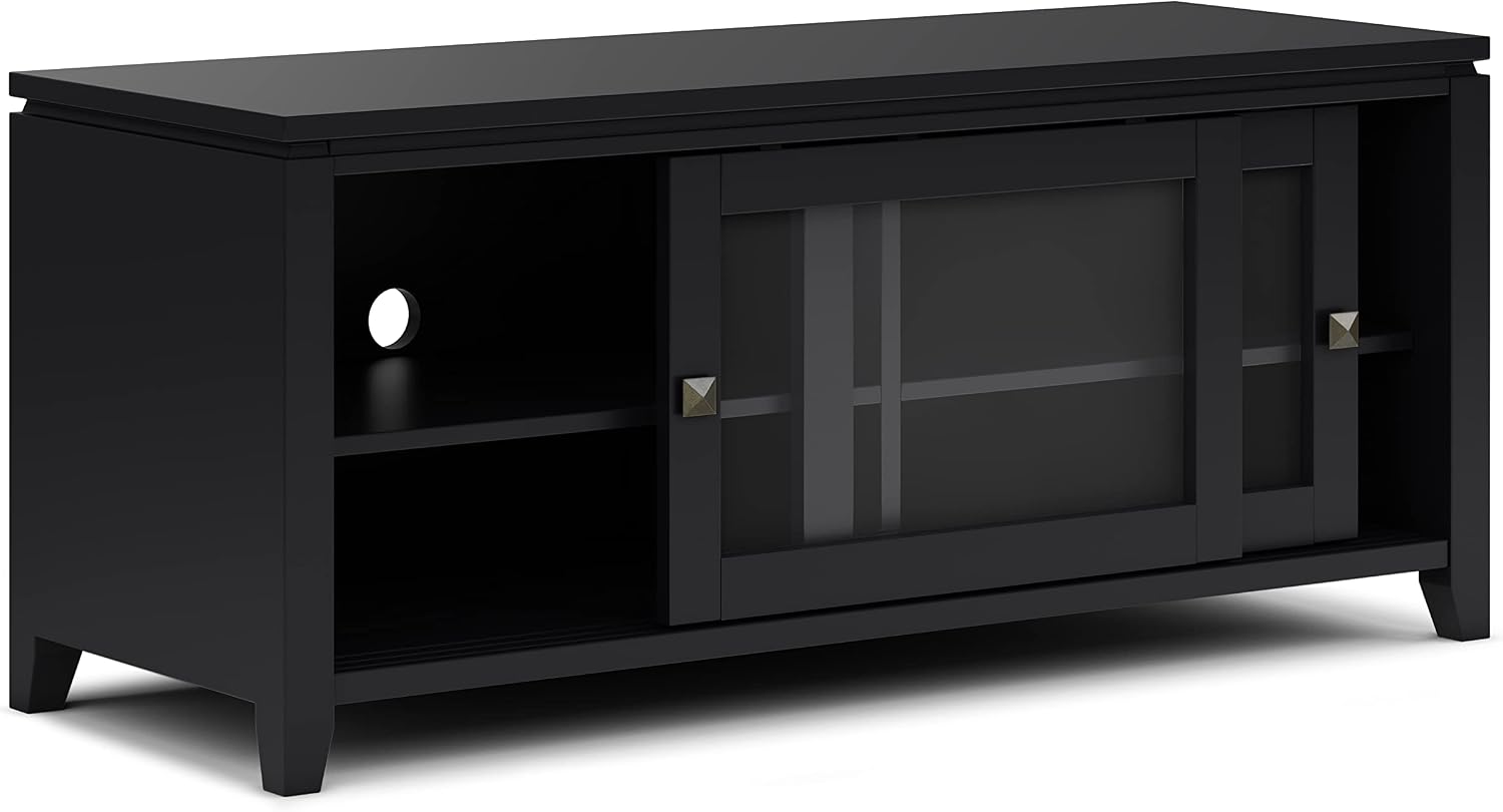 SIMPLIHOME Cosmopolitan TV Stand - 48 inch Wide Solid Wood Media Console in Black, Contemporary Entertainment Center for Living Room for TVs up to 55 Inches with Sliding Doors and Adjustable Shelves