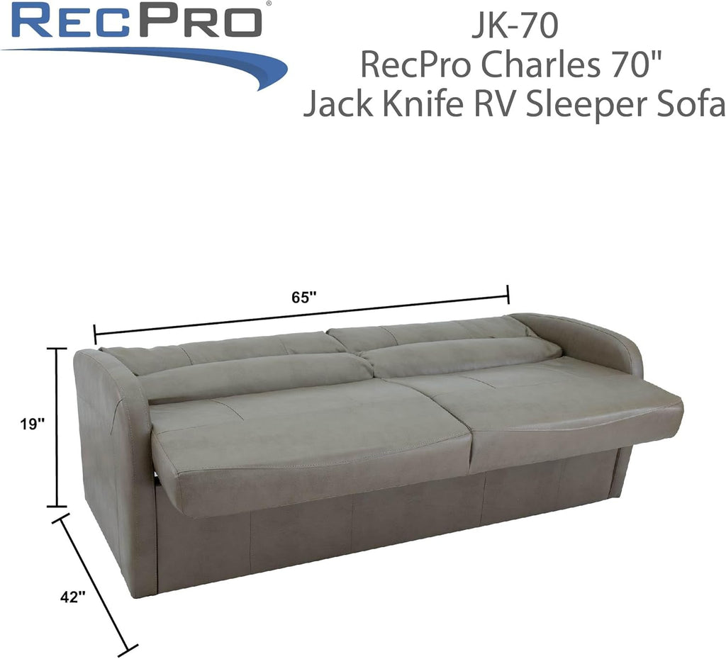RecPro 70' RV Jack Knife Sofa w/Arms | RV Sleeper Sofa | RV Couch | RV Living Room (Slideout) | Camper Furniture (Fossil)