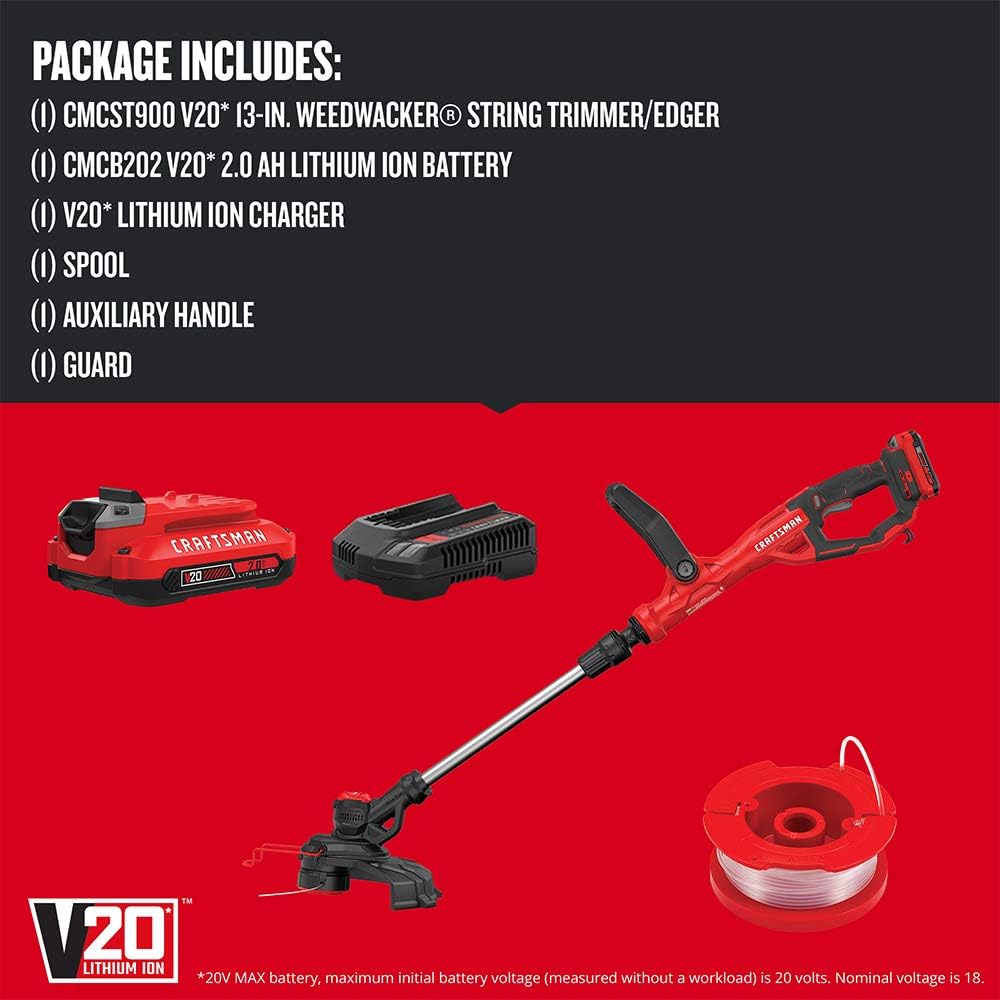 CRAFTSMAN V20 Weed Wacker Cordless String Trimmer and Edger, Weed Eater Includes 2.0 Ah Battery and Charger, Lightweight, Extended Runtime, 2 Speed (CMCST900D1)