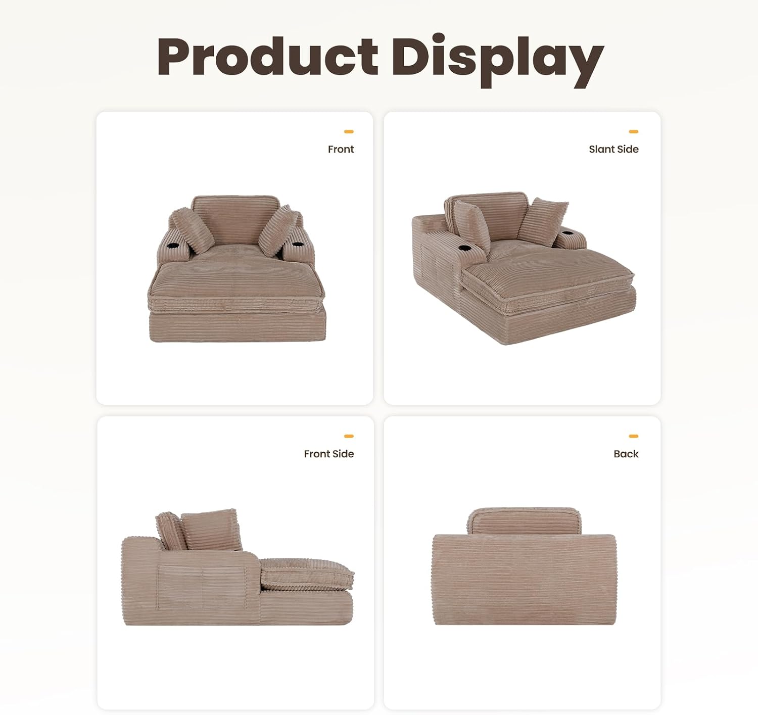 MALOL 67' Chaise Lounge Chair Indoor, Cozy Oversized Fluffy Sofa with Cup Holders & Throw Pillows, Boneless Sleeper Cloud Couch for Living Room, Movie Room and Apartments, Camel