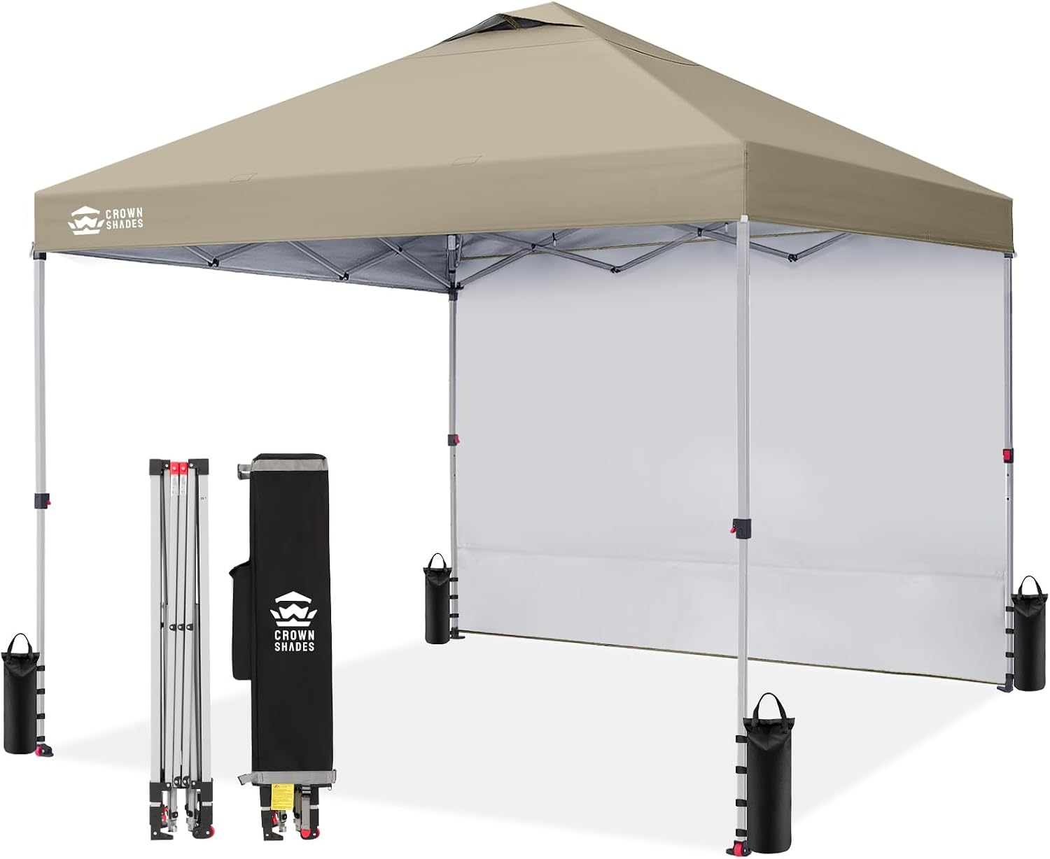 CROWN SHADES Pop Up Canopy with 1 Side Wall - Beach Tent with One Push Setup - Outdoor Sun Shade for Events, Parties, Camping - Gazebo with STO-N-Go Cover Bag, Beige, 12x12FT