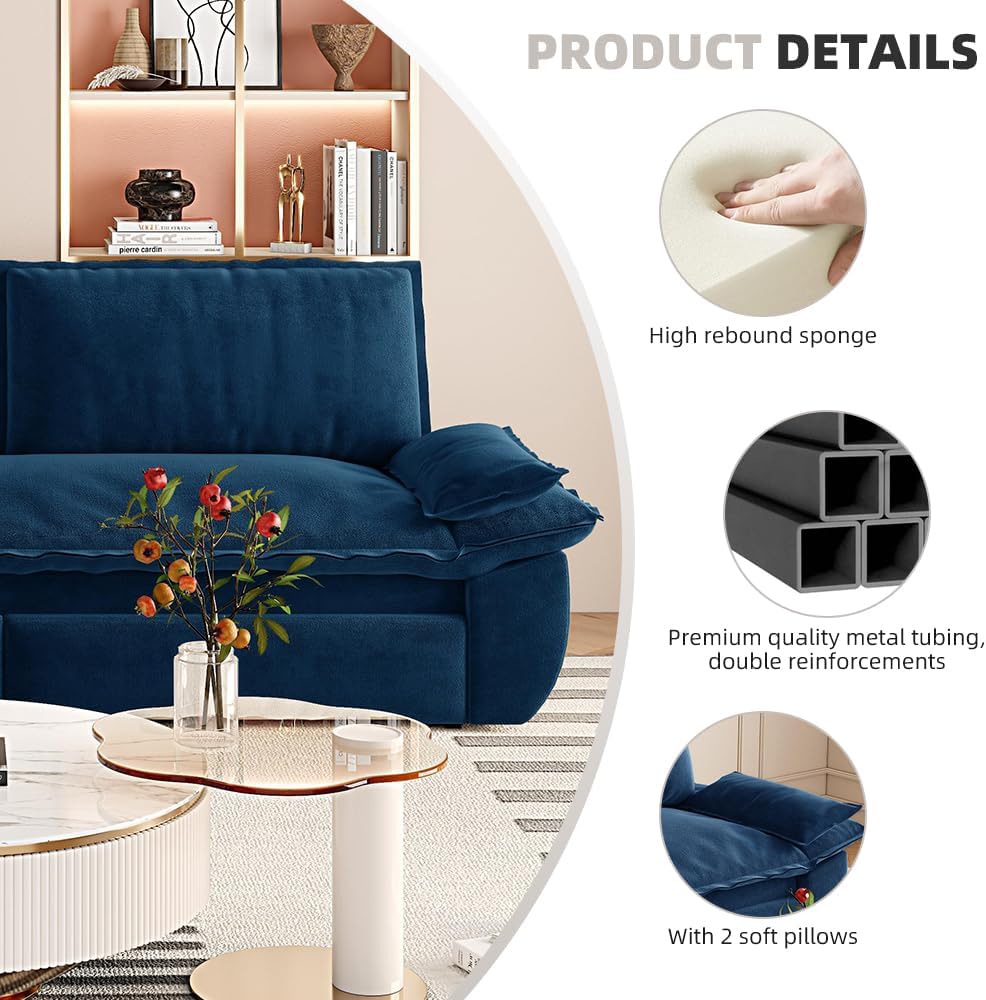 73.2' Sleeper Sofa Bed Queen Size, 3-in-1 Convertible Couch, Modern Pull Out Couches, Comfy Velvet Futon Sofa, Cloud Loveseat Lounge, Pillow Arm for Small Spaces, Living Room, Apartment, Blue