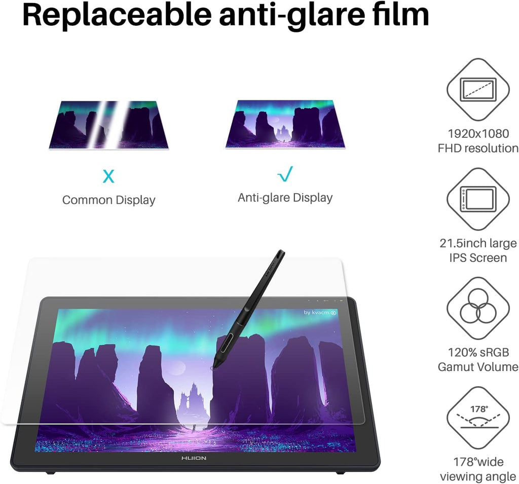 HUION KAMVAS 22 Drawing Tablet with Screen 120% sRGB PW517 Battery-Free Stylus Adjustable Stand, 21.5inch Pen Display for Windows PC, Mac, Android