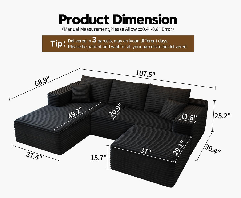 107.5' Cloud Modular Sectional Sofa with 1 Ottoman,Modern Minimalist Upholstered Couches, Comfort U Shaped Sofa for Living Room,Deep Seat Corner Couch，No Assembly Required (Black,Left Facing Chaise)
