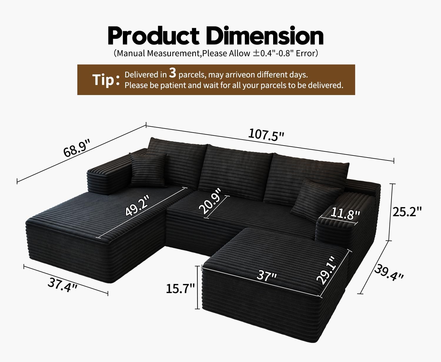 107.5' Cloud Modular Sectional Sofa with 1 Ottoman,Modern Minimalist Upholstered Couches, Comfort U Shaped Sofa for Living Room,Deep Seat Corner Couch，No Assembly Required (Black,Left Facing Chaise)