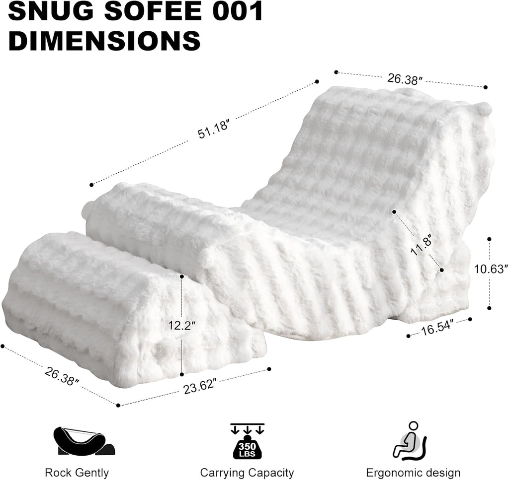 3-in-1 Adjustable Zero Gravity Floor Chair, Oversized Faux Fur Boneless Chair for Adults with Memory Foam & Washable Cover, Silent Rocker Recliner Lounge Chair for Reading, Nursing, Gaming, WhiteGrid