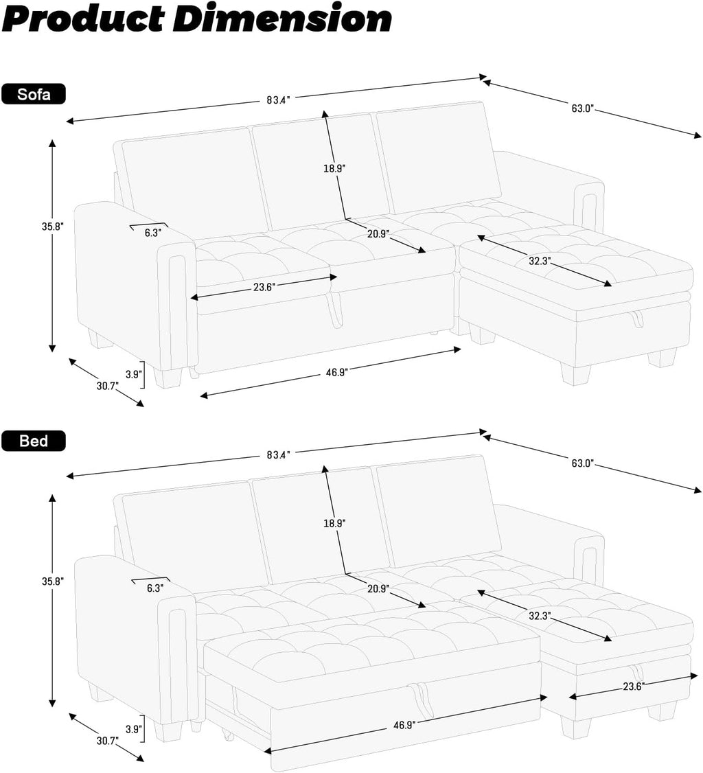 Belffin Sectional Sleeper Sofa with Pull Out Couch Bed Modular Sectional Sofa with Storage Velvet L Shaped Couch Sleeper Bed Beige