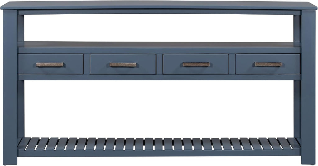 62 in Blue Console Table with 4 Drawers and 3-Tier Storage Shelves, Wood Modern Sofa Table Entryway Table Side Table for Entry Way, Hallway, Couch, Living Room, Kitchen, Foyer