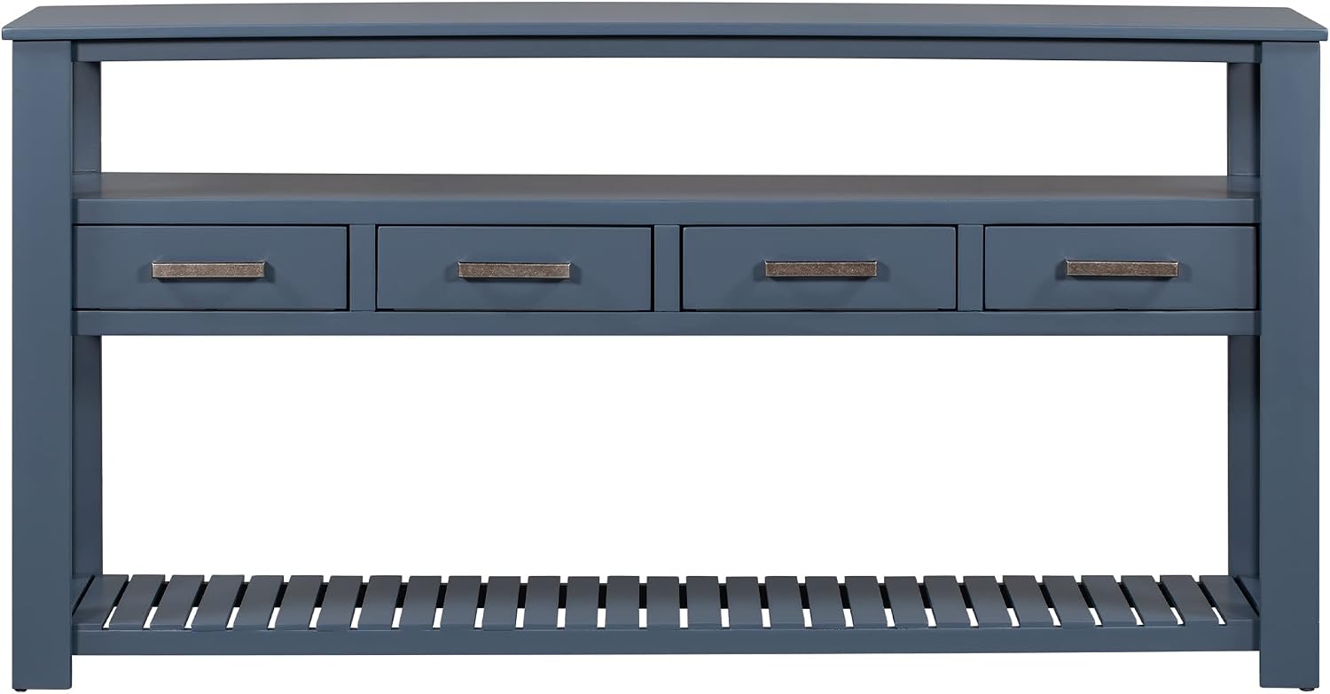 LKTART Console Table for Entryway with 4 Drawers,61.5'' Long Sofa Table with 3-Tier Open Shelves,Entry Table for Hallway,Foyer,Living Room,Navy Blue
