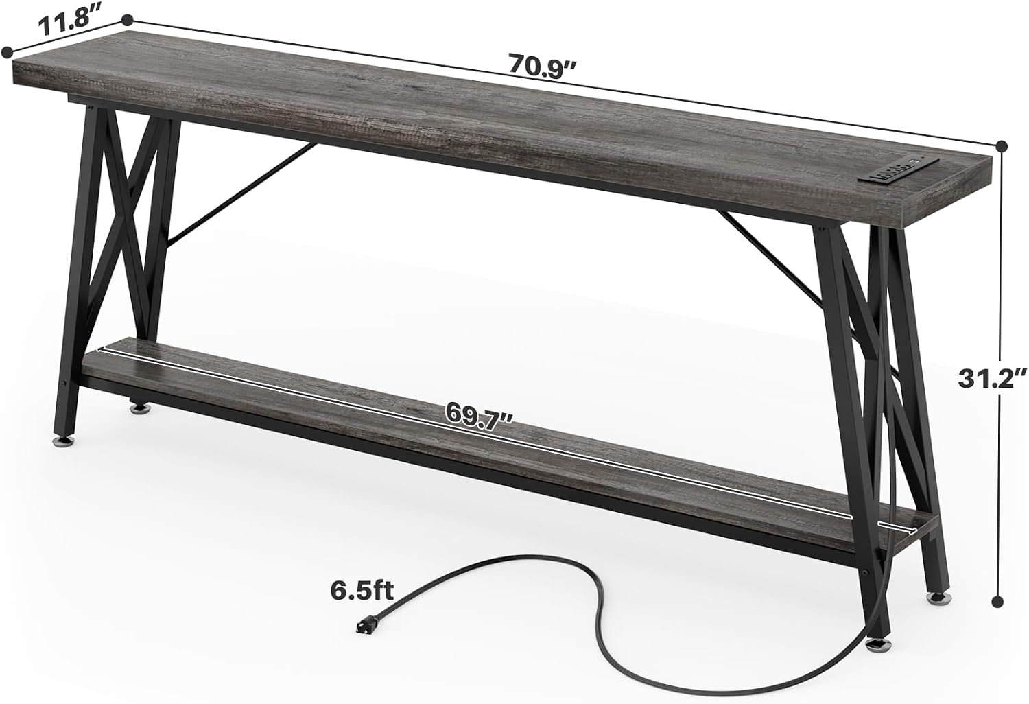Homieasy 70.9 Inch Console Table, Industrial Sofa Table Behind Couch with Charging Station & Storage Shelf, Entryway Table for Living Room & Entryway, Grey