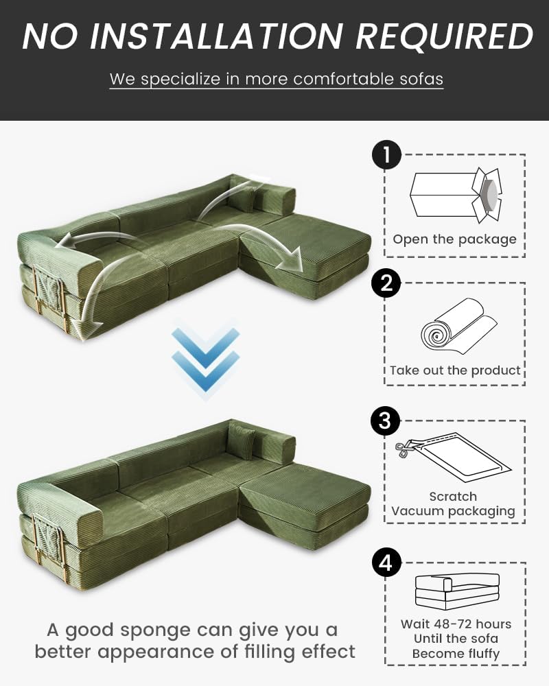 GEARIVY Folding Sofa Bed Convertable Corduroy Couch King Size Floor Sleeper 4-in-1 DIY Combination Modular Sofa Fold Out Futon Lounge Comfy Foldable Lazy cama for Living Room