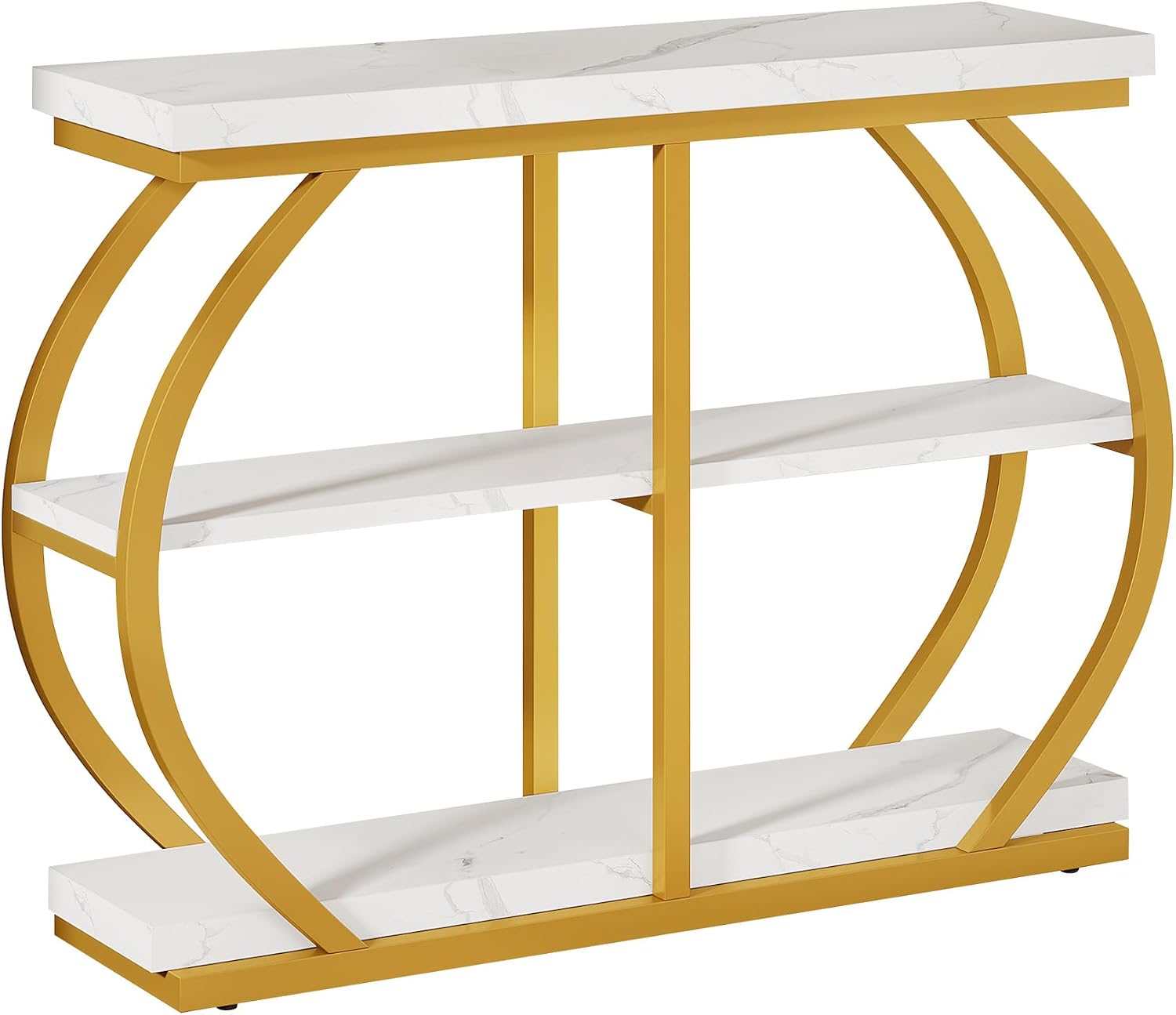 Tribesigns 41.3' Console Table, Industrial 3-Tier Entryway Table with Arched Metal Frame and Storage Shelves for Living Room, Hallway, White Gold