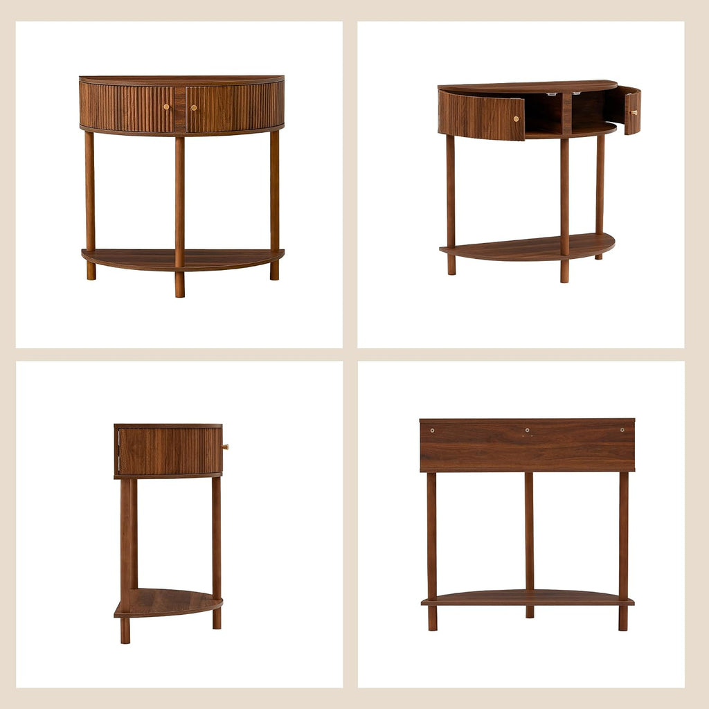 XUZENEST Fluted Half Moon Console Table, Modern Small Entry Sofa Table with Storage, Solid Wood Legs Narrow Entryway Table for Living Room, Hallway, Foyer(Walnut)
