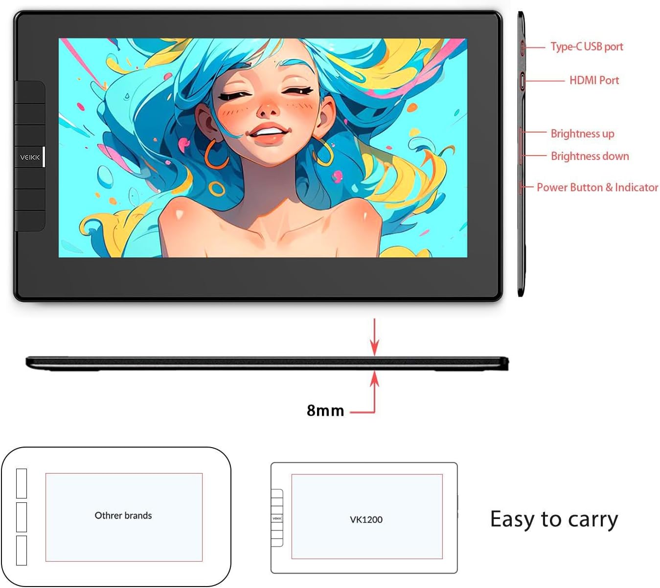 VEIKK VK1200 Drawing Tablet with Screen,11.6 inch Full-Laminated Screem Drawing Monitor with 6 Shortcut Keys and 8192 Levels Battery Free Stylus Pen,Compatible with Windows/Mac/Linux