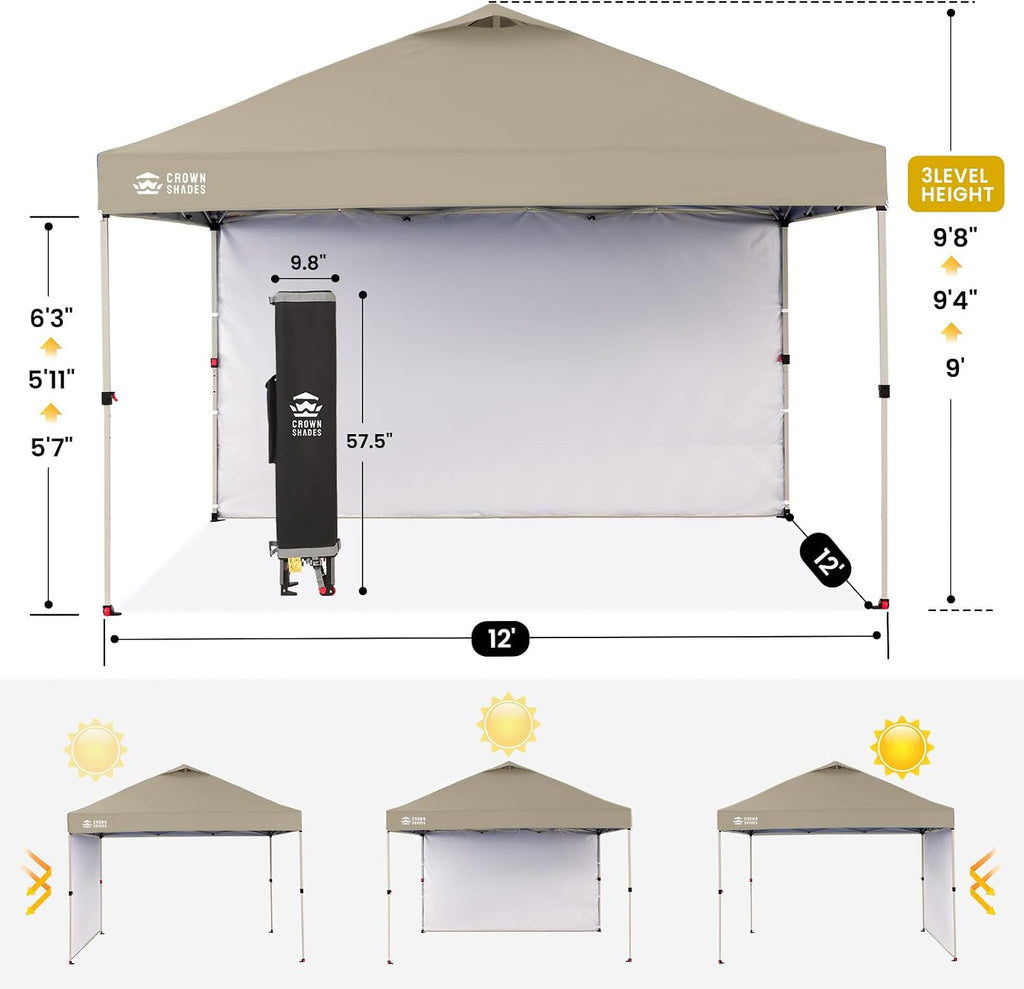 CROWN SHADES Pop Up Canopy with 1 Side Wall - Beach Tent with One Push Setup - Outdoor Sun Shade for Events, Parties, Camping - Gazebo with STO-N-Go Cover Bag, Beige, 12x12FT