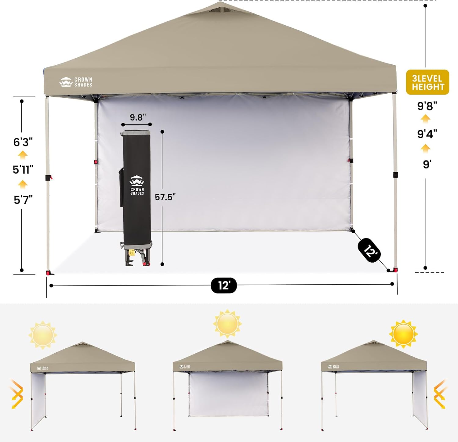 CROWN SHADES Pop Up Canopy with 1 Side Wall - Beach Tent with One Push Setup - Outdoor Sun Shade for Events, Parties, Camping - Gazebo with STO-N-Go Cover Bag, Beige, 12x12FT