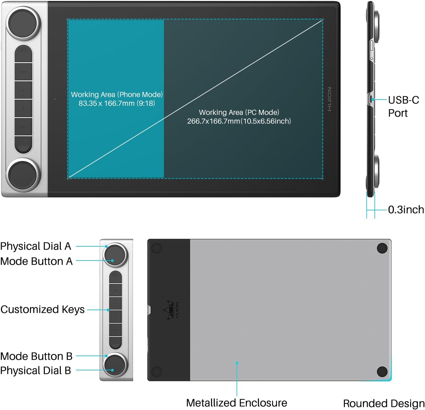 HUION Inspiroy Dial 2 10.5 x 6.56inch Bluetooth Wireless Graphics Drawing Tablet with Dual Dials Battery-Free Stylus for Digital Art and Graphics Design, Compatible with Mac, Windows, Linux, Android