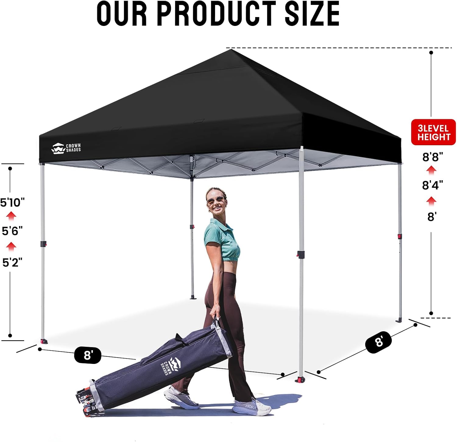 CROWN SHADES 8x8 Pop Up Canopy, Patented Center Lock One Push Instant Popup Outdoor Canopy Tent, Newly Designed Storage Bag, 8 Stakes, 4 Ropes, Silver-Coated Black