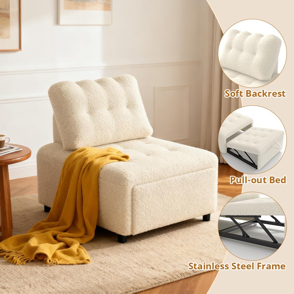 CMOHOMA Sleeper Sofa Bed,Convertible Pull Out Couch with Adjustable Backrest,Teddy Chaise Lounge Chair,Sectional Couches for Living Room,Bedroom,Apartment,Beige