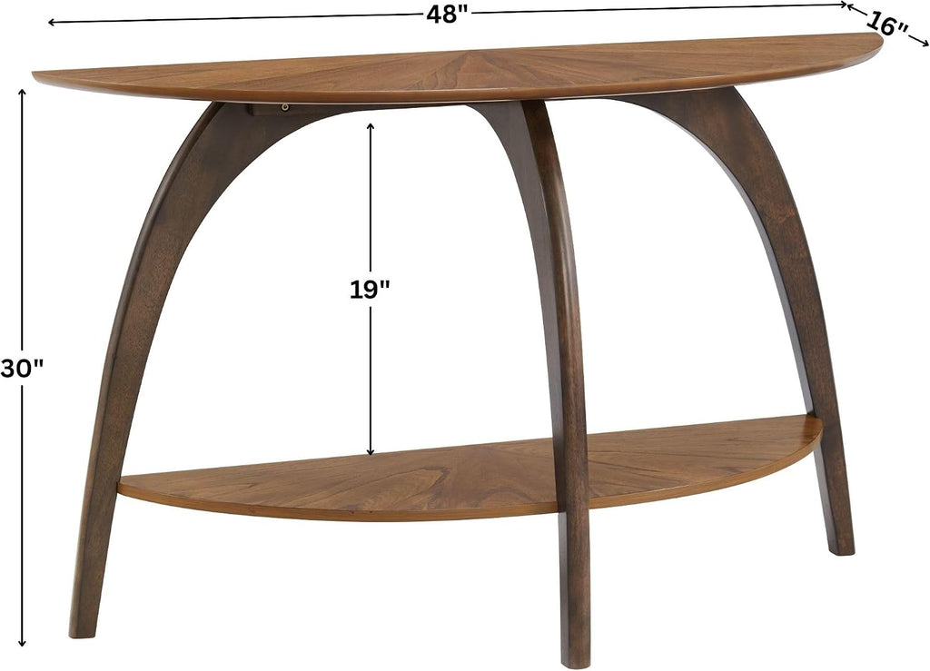 Martin Svensson Home LAX Retro Mid-Century Modern Half-Moon Wood Sofa Table with Lower Shelf, Console Table for Living Room or Entryway. Walnut Brown