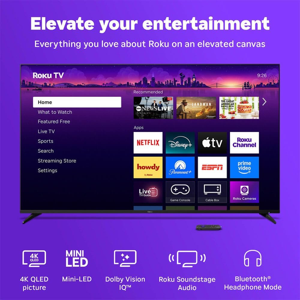 Roku 55 Inch Class Pro Series 4K QLED Mini-LED Smart TV with HDR, Voice Remote, Wi-Fi 6, Dolby Vision, 12 Month CPS Warranty, HDMI Cable and Screen Cleaner for Home Entertainment Streaming (65)