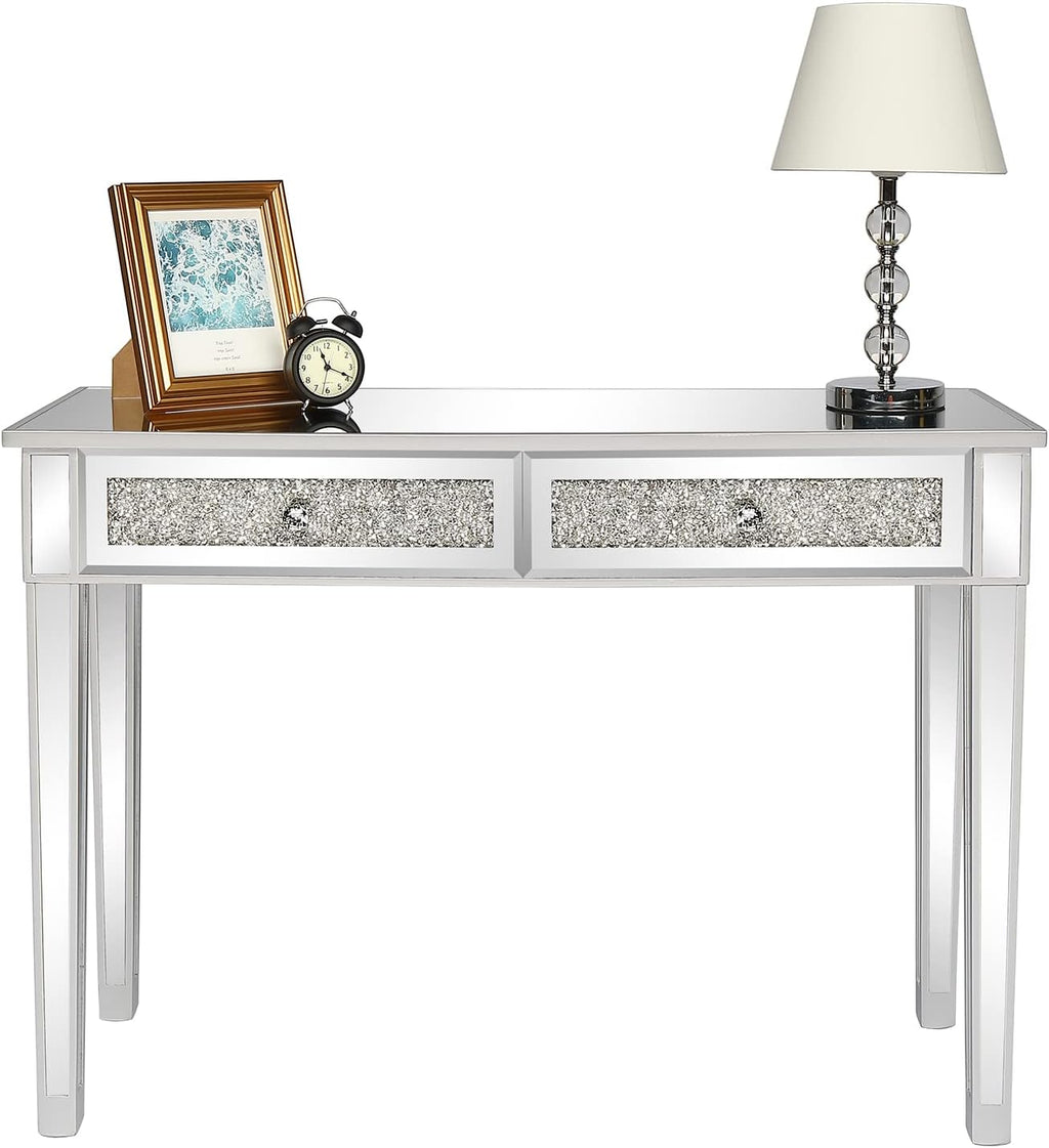 Karl home Mirrored Desk with 2 Drawers Silver Console Table Mirror Sofa Table with Crystal Inlay Front for Living Room, Entryway, Foyer, 42 Inch