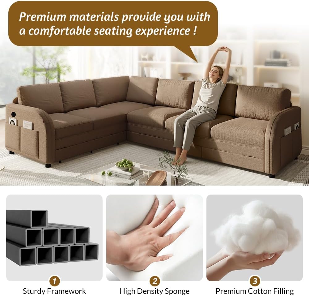 115.2'' Pull Out Couch Bed King Size, Convertible Sleeper Sofa, Oversized 6-Seater L-Shaped Couches with Side Pockets, USB, Teddy Reversible Sectional Sofa for Living Room, Apartment, Brown