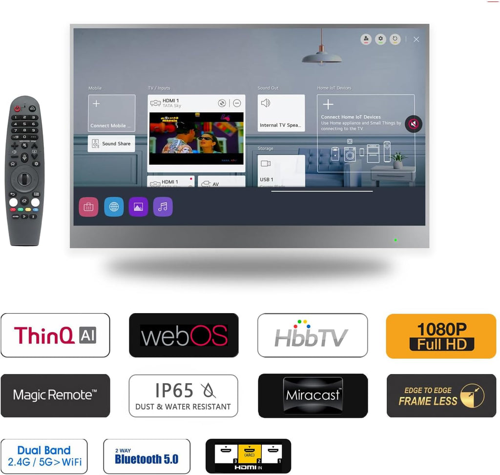 28inch 4K UHD Smart TV for Bathroom,Mirror Panel, IP65 Waterproof,Built-in Speakers, WiFi, Bluetooth,webOS System, Model 2026