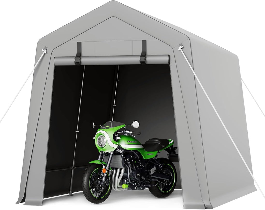 7 x 10 ft Portable Carport, Storage Shed with Heavy Duty Waterproof Tarp & 2 Roll-Up Zipper Doors, Ideal Tent for Motorcycles, Bikes, Garden Tools, and Firewood
