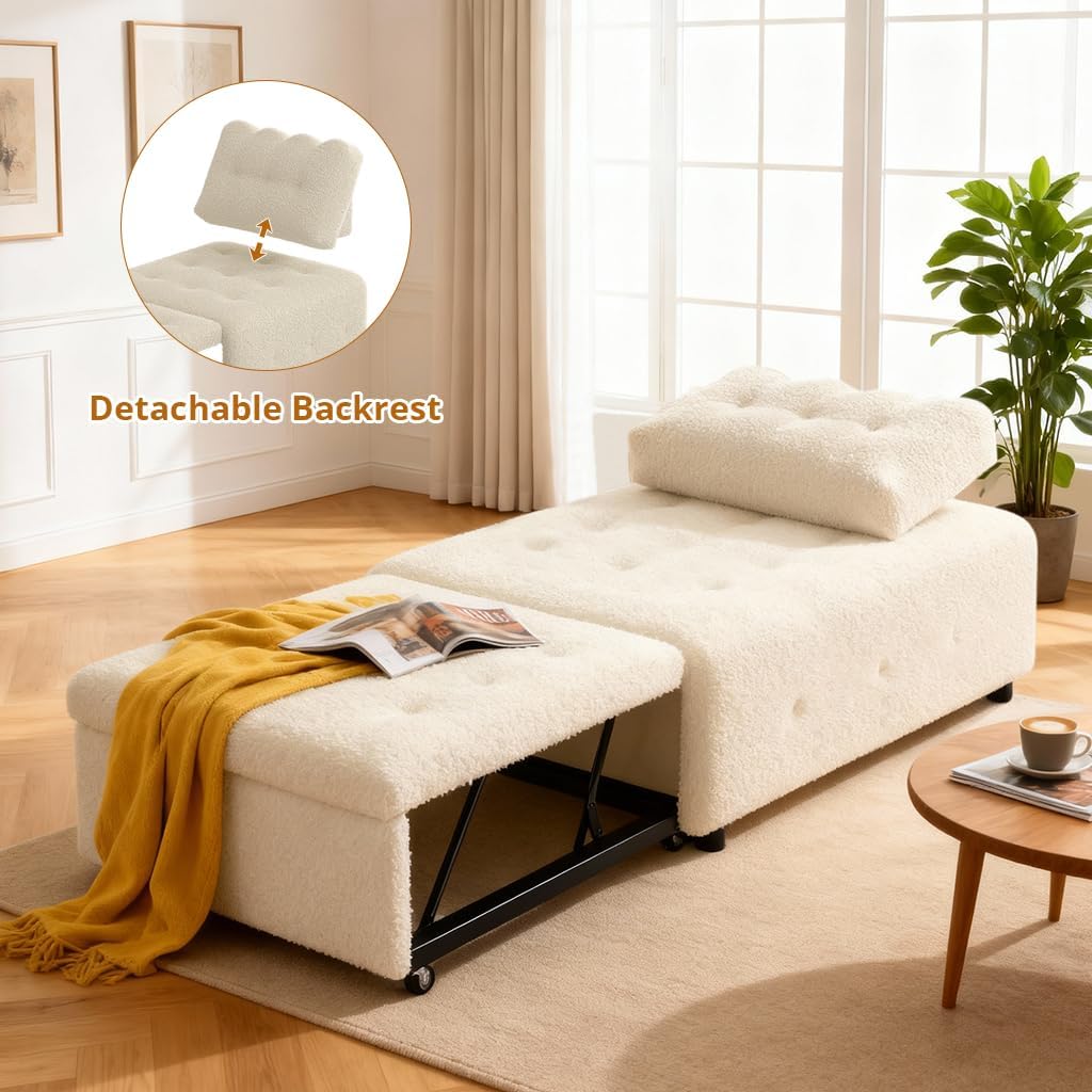 CMOHOMA Sleeper Sofa Bed,Convertible Pull Out Couch with Adjustable Backrest,Teddy Chaise Lounge Chair,Sectional Couches for Living Room,Bedroom,Apartment,Beige