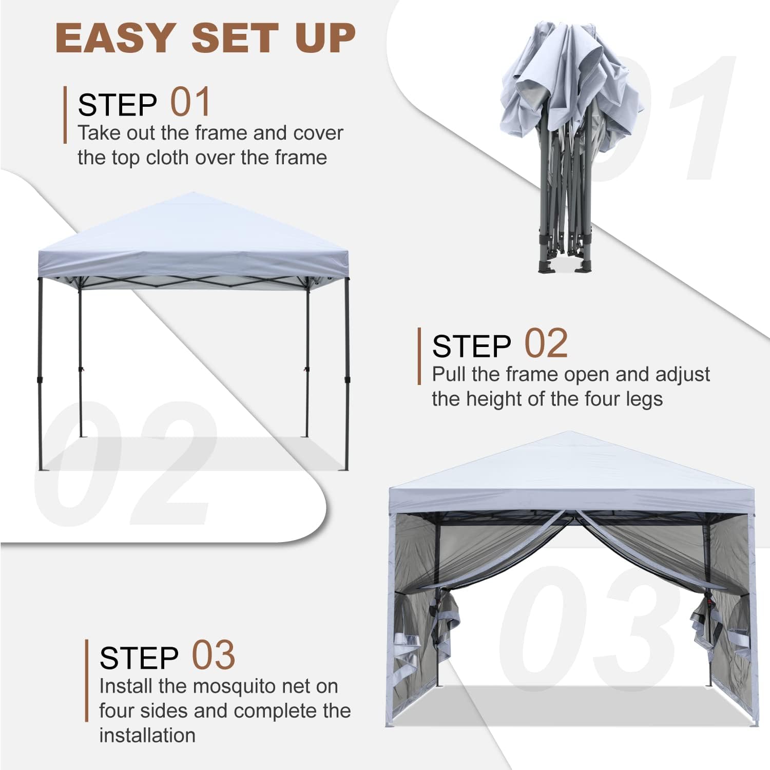 MASTERCANOPY Pop-Up Setup Outdoor Canopy with Netting Screen Walls (8x8, White)