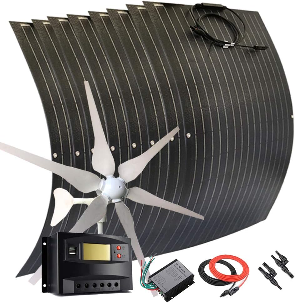 1200W Wind Turbine Solar Panel Kit for House:400W Wind Turbine Generator/8pcs 100W etfe Flexible Solar Panels Monocrystalline/60A Charge Controller/Cable/Connector