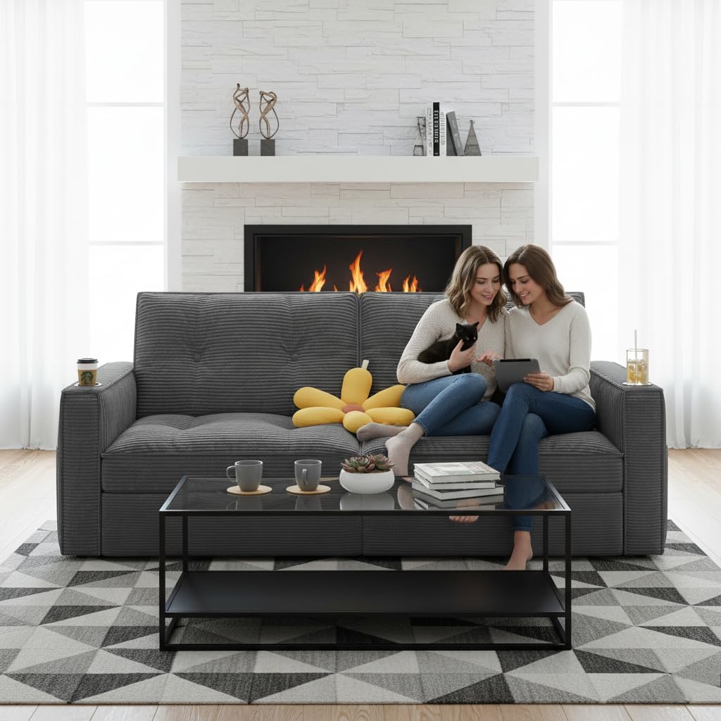 73' Queen Size Sofa Bed, Loveseat Sleeper Sofa with Pull Out Bed, Pockets and USB, Modern 2 Seater Convertible Small Couch for Living Room Bedroom Apartment (Gray, Corduroy)