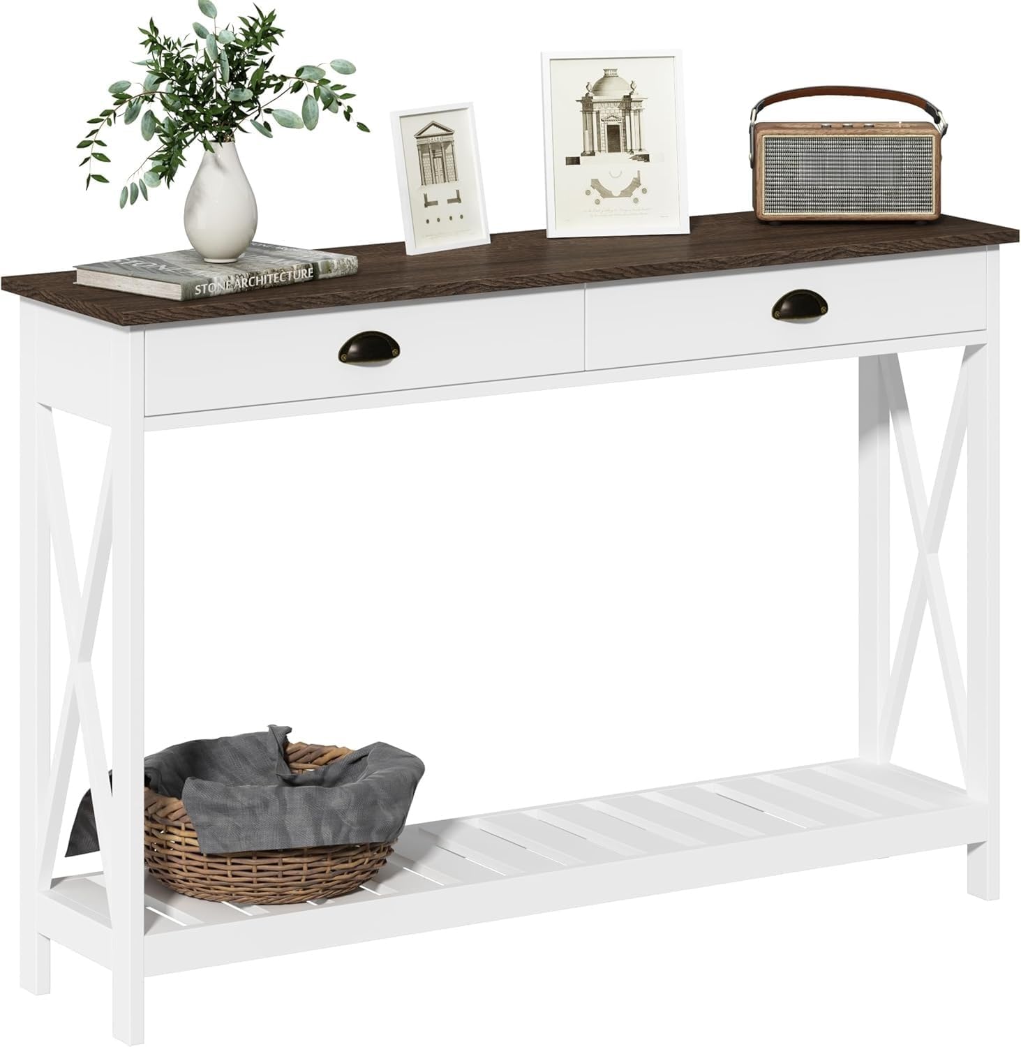 ChooChoo 47' Farmhouse Console Table with Drawer for Entryway, Narrow Long Entry Table with Shelf for Living Room, Rustic Vintage Hallway Sofa Table with Stable X Supports, White