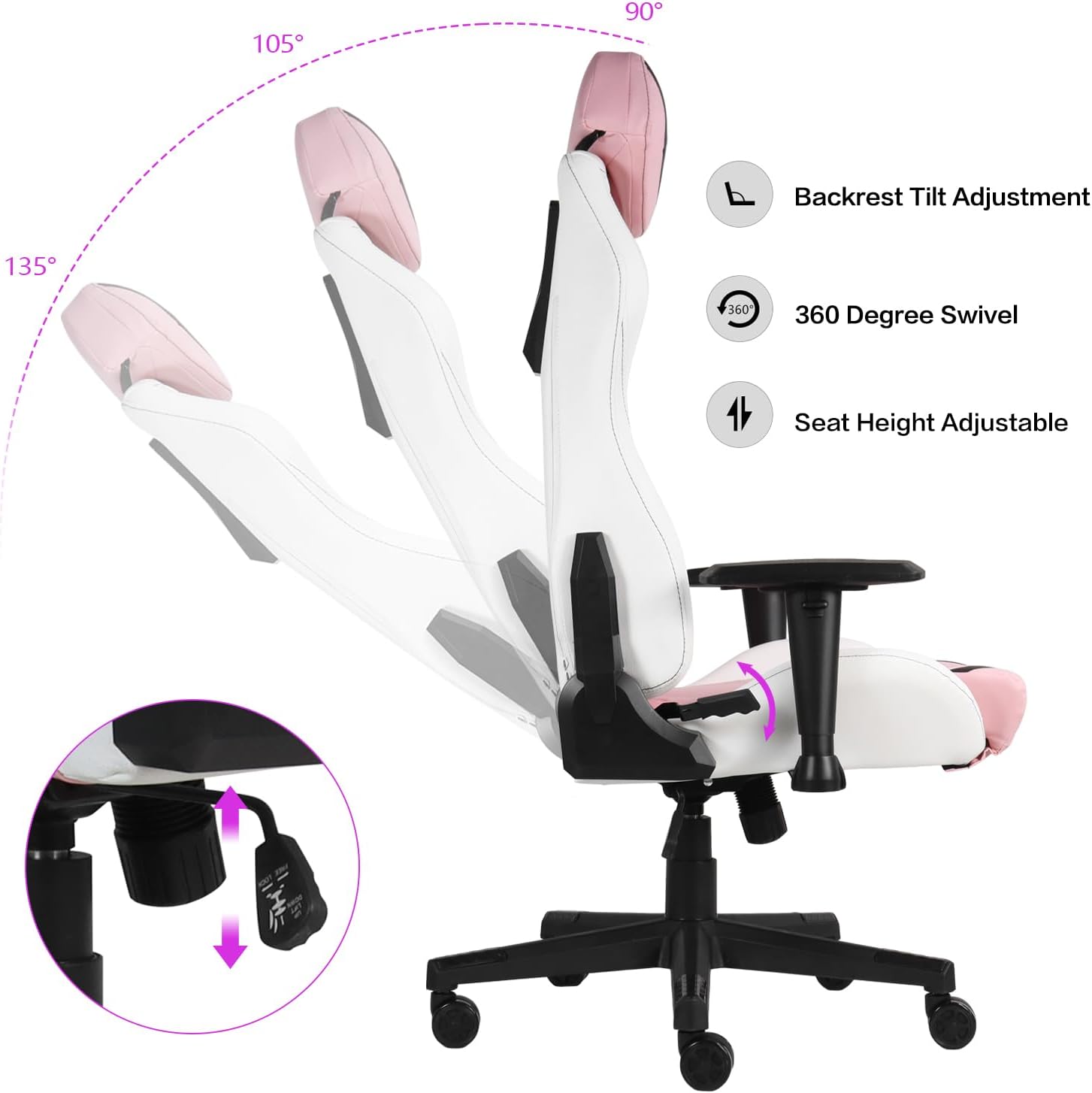 Modern-Depo Ergonomic Gaming Chairs for Adults with High-Density Memory Foam | Swivel Comfortable Office Chair, Big and Tall Video Game Chair, High Back Computer Chair for Home, Office, Pink White