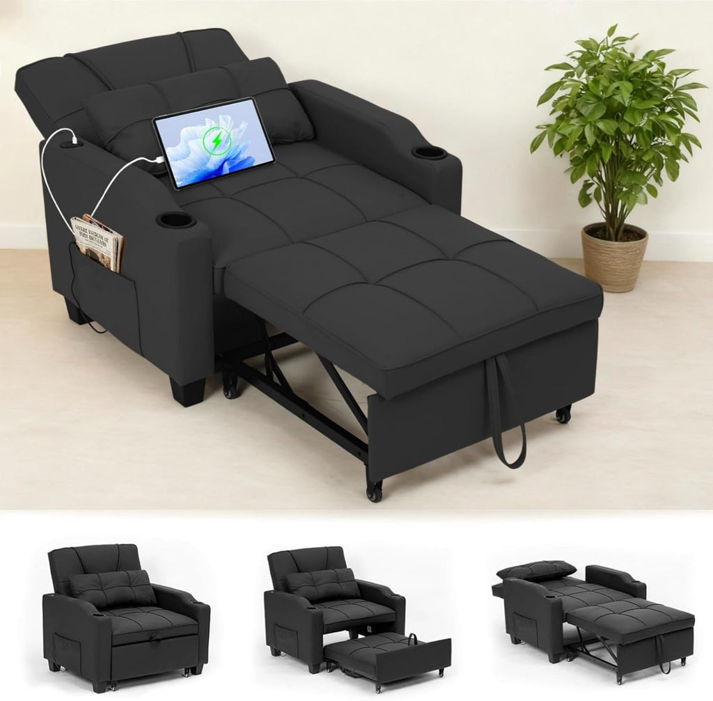 Sleeper Chair Pull Out Bed, 4 in 1 Convertible Sofa Chair Bed with Vibration Massage Lumbar Pillow, Single Sofa Recliner with USB/Type-C Port, Cup Holders and Side Pocket for Small Spaces (Black)