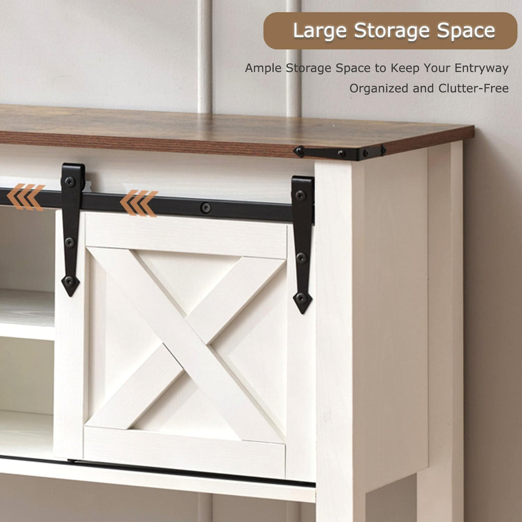 Farmhouse Entryway Table with Sliding Barn Doors, Wood Console Table with Storage Shelf, Rustic Sofa Table for Living Room, Entryway, Foyer, White